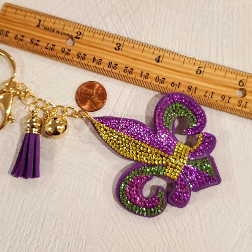 MARDI GRAS fleur-de-lis rhinestones ball tassel puffy keychain topical Easter